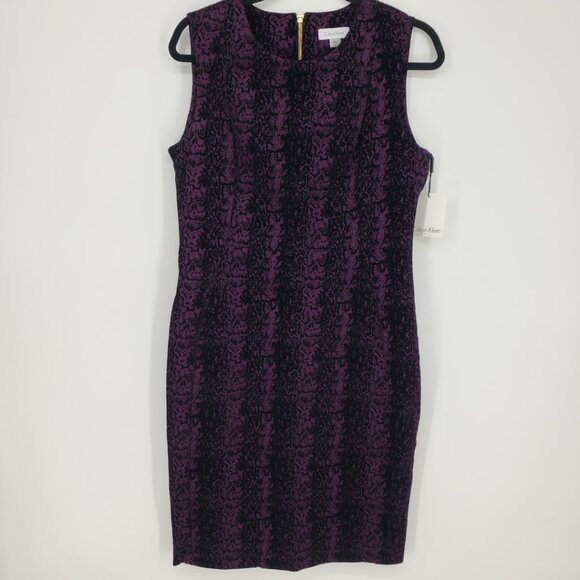 Calvin Klein Sheath Dress 12 Flocked Velvet Abstract Snake Skin Purple Black - Picture 2 of 12